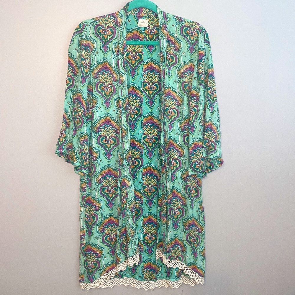 EUC O'Neill Angie Opal Teal Paisley Kimono Cover Up Size XS - S